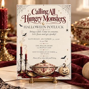 May include: A rectangular Halloween potluck invitation card featuring the text Calling All Hungry Monsters, Halloween Potluck, and event details. The design includes illustrations of spider webs, bats, a spider, red candles, a tureen, and a jack-o'-lantern.