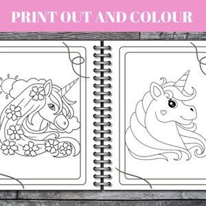 Peut inclure: Un livre de coloriage avec deux illustrations en noir et blanc de licornes. La premi&egrave;re licorne a des fleurs dans sa crini&egrave;re et un nuage derri&egrave;re elle. La deuxi&egrave;me licorne a un c&oelig;ur sur la joue. Le texte "IMPRIMER ET COLORIER" est en haut de la page.