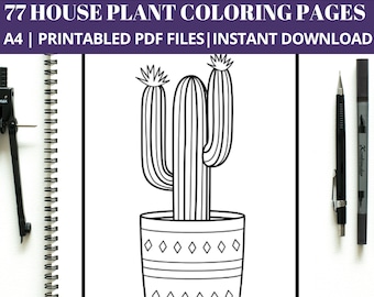 Desenhos para colorir de plantas de interior, suculentas e cactos (download digital)