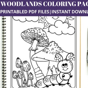 May include: A black and white line drawing of a caterpillar crawling under a mushroom. The caterpillar has a smiling face and large eyes. There are smaller mushrooms in the background, along with a sun and a cloud.