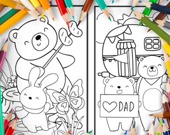 Puede incluir: Una página para colorear en blanco y negro con dos osos y un conejito. Un oso sostiene un palo con un malvavisco en el extremo. El otro oso sostiene un cartel que dice "Love Dad".