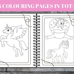 Peut inclure: Un livre de coloriage noir et blanc de 65 pages avec des illustrations de licornes. La couverture montre une licorne avec des ailes, une licorne portant des lunettes de soleil et une licorne avec un beignet.