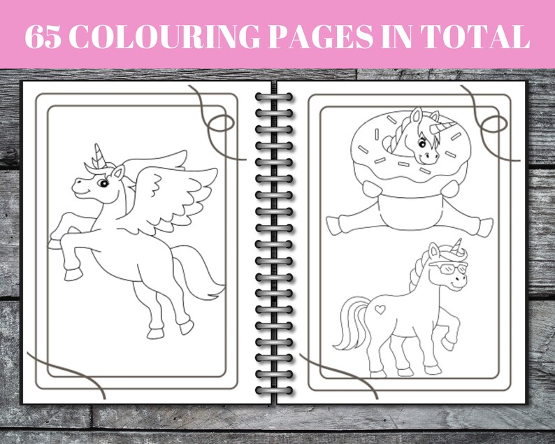 Peut inclure: Un livre de coloriage noir et blanc de 65 pages avec des illustrations de licornes. La couverture montre une licorne avec des ailes, une licorne portant des lunettes de soleil et une licorne avec un beignet.