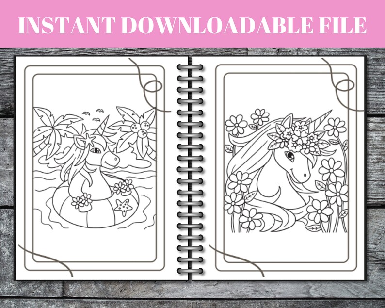 Peut inclure: Un livre de coloriage avec deux pages pr&eacute;sentant des illustrations en noir et blanc d'une licorne. Une page montre une licorne portant une couronne de fleurs et entour&eacute;e de fleurs. L'autre page montre une licorne flottant sur une bou&eacute;e dans l'eau.