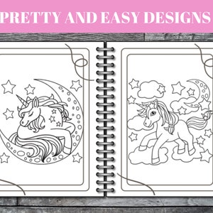 Peut inclure: Un livre de coloriage avec deux pages repr&eacute;sentant des dessins au trait en noir et blanc de licornes. La premi&egrave;re page montre une licorne endormie sur un croissant de lune avec des &eacute;toiles. La deuxi&egrave;me page montre une licorne courant sur des nuages avec des &eacute;toiles et un croissant de lune.