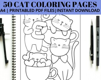 50 Cat Coloring Pages, Kitten Birthday Activity (Instant Download)
