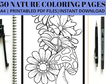 50 Nature Coloring Pages, Garden, Flowers, Earth Day (Digital Download)