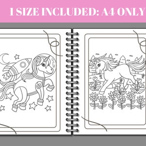 Peut inclure: Un livre de coloriage avec deux pages repr&eacute;sentant des dessins au trait en noir et blanc de licornes. Une licorne porte une combinaison d'astronaute et l'autre est dans un champ de fleurs.