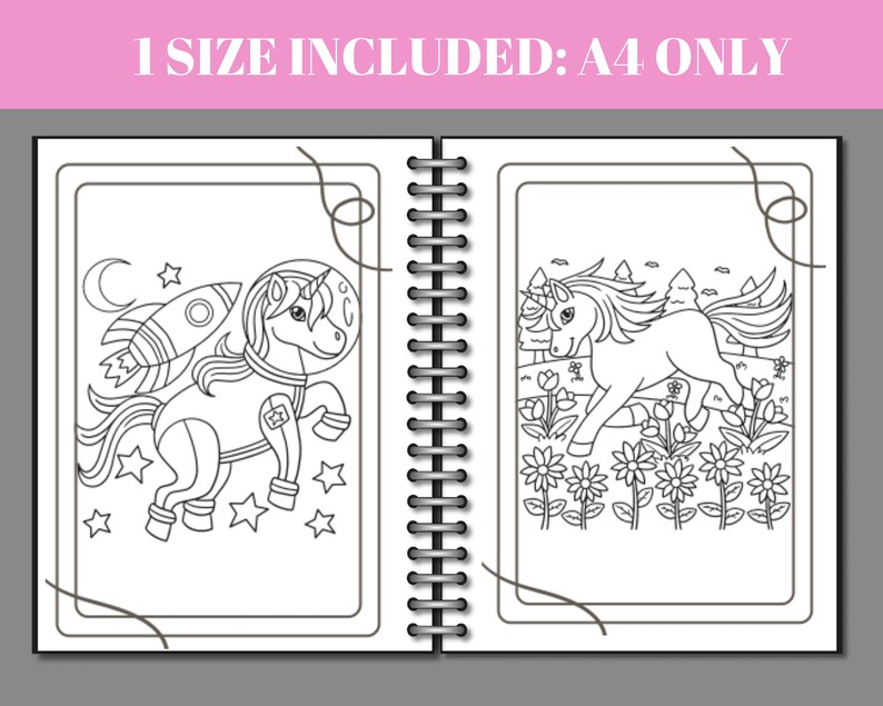 Peut inclure: Un livre de coloriage avec deux pages repr&eacute;sentant des dessins au trait en noir et blanc de licornes. Une licorne porte une combinaison d'astronaute et l'autre est dans un champ de fleurs.