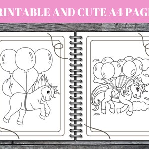 Peut inclure: Un livre de coloriage imprimable avec deux pages repr&eacute;sentant une licorne tenant des ballons. La licorne sur la page de gauche a trois ballons et la licorne sur la page de droite a sept ballons.