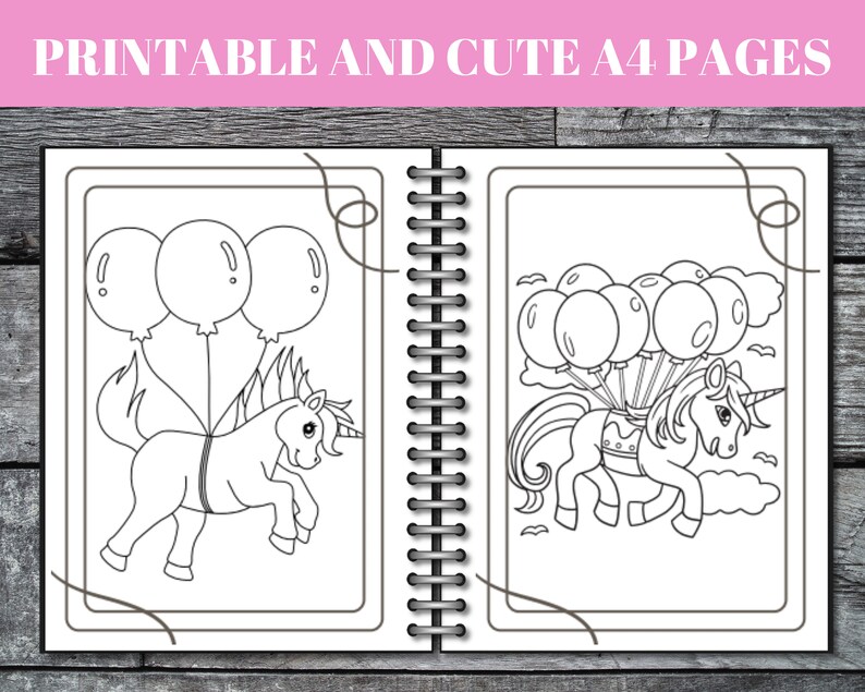 Peut inclure: Un livre de coloriage imprimable avec deux pages repr&eacute;sentant une licorne tenant des ballons. La licorne sur la page de gauche a trois ballons et la licorne sur la page de droite a sept ballons.