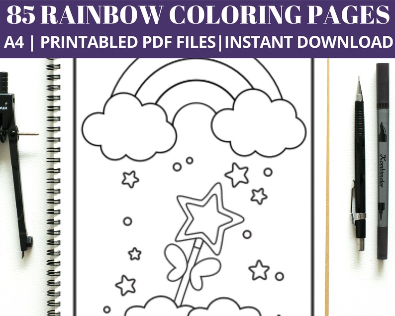 85 Rainbow Coloring Pages, Birthday Party Activity (Digital Download) image 1