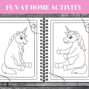 Peut inclure: Une page &agrave; colorier en noir et blanc repr&eacute;sentant deux licornes. Les licornes sont assises, les jambes crois&eacute;es. La page est intitul&eacute;e "FUN AT HOME ACTIVITY".