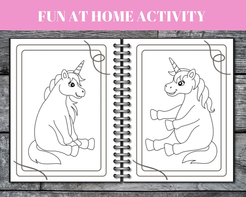 Peut inclure: Une page &agrave; colorier en noir et blanc repr&eacute;sentant deux licornes. Les licornes sont assises, les jambes crois&eacute;es. La page est intitul&eacute;e "FUN AT HOME ACTIVITY".