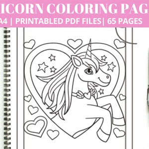65 pagine di libro da colorare per unicorni, fogli da colorare - Unicorni con castelli, fiori, cuori e unicorni di compleanno