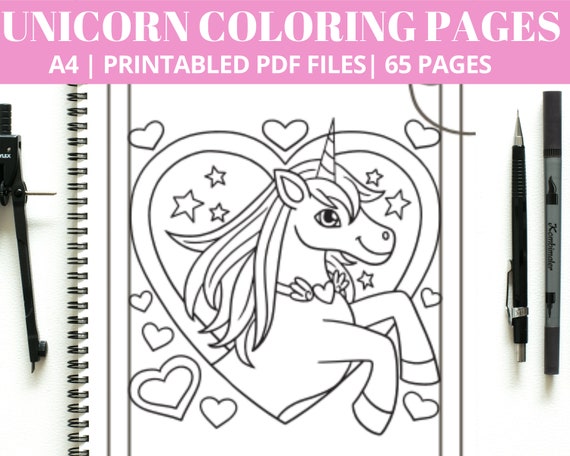 65 Unicorn Coloring Book Pages, Unicorns with Castles, Flowers (Digital Download)