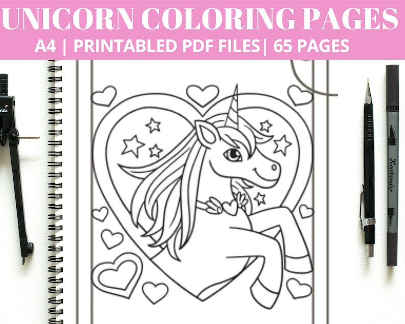 Peut inclure: Une page &agrave; colorier en noir et blanc repr&eacute;sentant une licorne avec une corne et un contour en forme de c&oelig;ur. La licorne est entour&eacute;e d'&eacute;toiles et de c&oelig;urs. La page est intitul&eacute;e "Unicorn Coloring Pages" avec le texte "A4 | Printable PDF Files | 65 Pages" en dessous du titre.