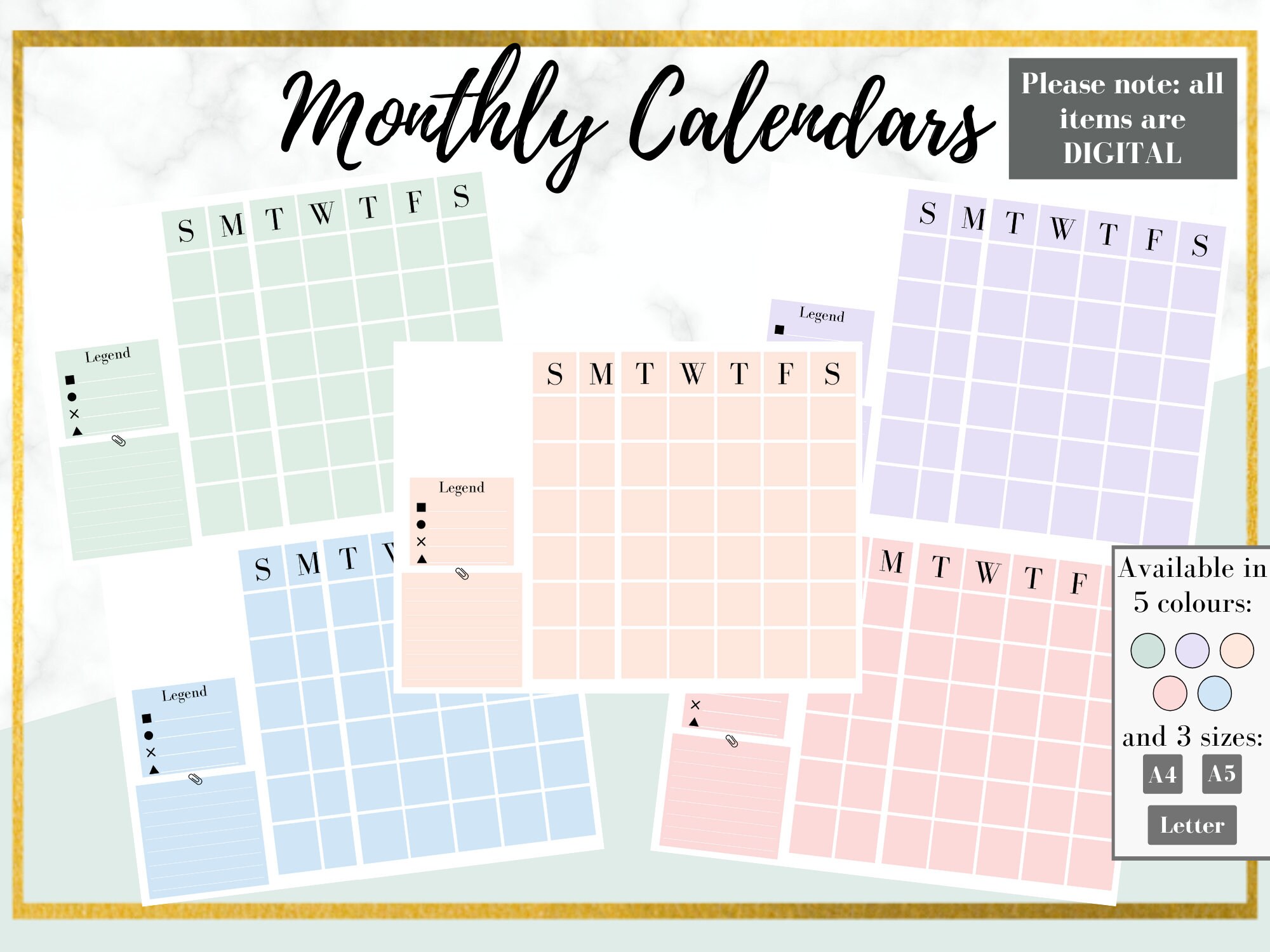 Printable Calendar Collection for Journal Monthly Calendar Etsy