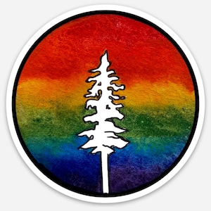 May include: A round sticker featuring a white tree silhouette against a watercolor rainbow background. The rainbow transitions from red at the top to blue at the bottom, with green and yellow in between. The sticker has a black border.