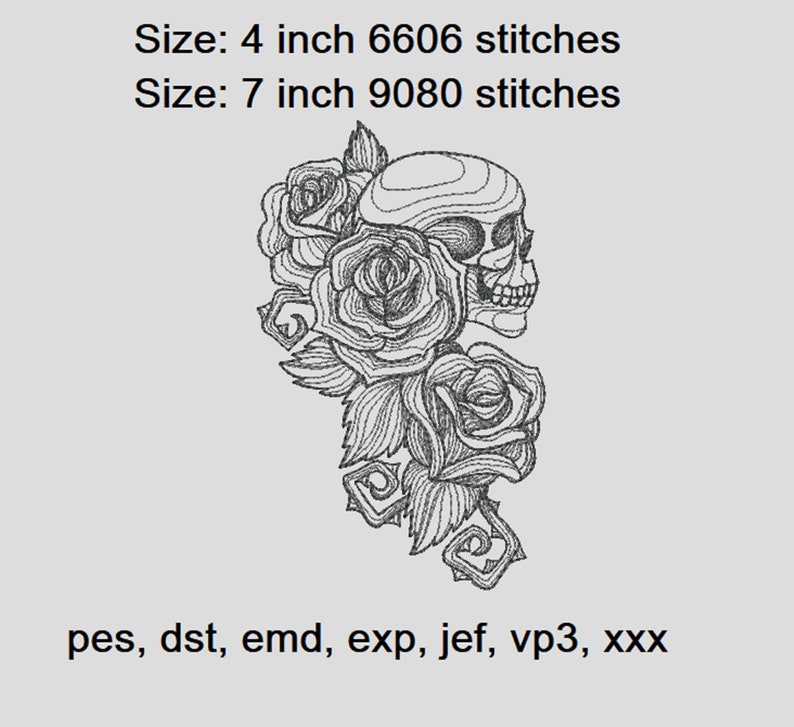 Skull with flowers design for embroidery machine
