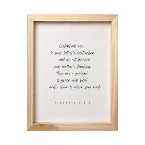 Spreuken 1:8-9 Luister zoon, digitale download, kunst aan de muur van de Schrift, afdrukbaar, Bijbelvers, christelijk geschenk, woondecoratie, direct downloaden