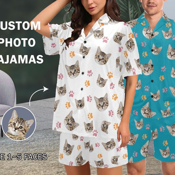 Ensemble de pyjama personnalisé tête de chat, pyjama personnalisé avec photo d'animal de compagnie, ensemble de pyjama à manches courtes femme homme, cadeau pour amoureux des animaux de compagnie, cadeau pour maman et papa