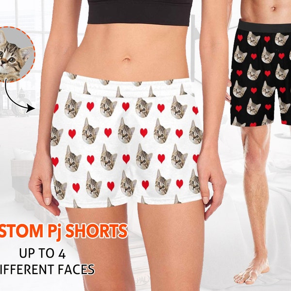 Custom Pet Face Picture Couple Pajama Pants, Personalized Photo Lounge Shorts, Women Men Pj Bottoms Sleep Shorts, Boyfriend Girlfriend Gifts
