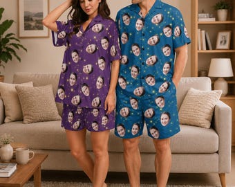 Benutzerdefiniertes Gesichts-Matching-Pyjama-Set für Paare, Foto-Pyjamas, Lounge-Set, personalisierte passende Nachtwäsche, Geburtstagsgeschenk