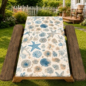 Coastal Picnic Table Cover, Nautical Outdoor Tablecloth, Starfish Shell Beach Table Cover, Waterproof Patio Table Cover, Summer Garden Decor