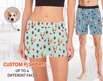 Short de pyjama personnalisé avec tête de chien, Short personnalisé amusant pour chien de compagnie, Bas de pyjama femme homme, Short de nuit, Cadeaux photo, Cadeaux pour amoureux des animaux de compagnie