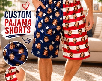 Custom American Flag Pajama Shorts, Personalized Face Sleep Shorts,  Custom Boxer Shorts, Anniversary Gift for Him Her