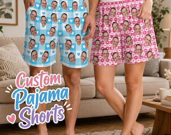 Custom Face Pajama Shorts for Couples, Personalized Matching Sleep Shorts, Funny Photo Pajama Bottoms, Wedding Gift for Him & Her