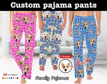 Pantalon de pyjama de Noël pour femme/homme, pantalon de pyjama personnalisé pour animal de compagnie, pantalon de pyjama photo personnalisé, pyjama de famille assorti, cadeau pour lui