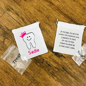 Personalized Girl Tooth Fairy Drawstring Bag/Pouch. Girl design (bow or crown). Tooth Fairy Bag/Pouch. Tooth Fairy poem. Tooth and Treat Bag