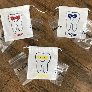 Personalized Boys Tooth Fairy Drawstring. Tooth Fairy poem. Boys design: eye mask, top hat and bow tie. Tooth fairy bag. Tooth and Treat bag