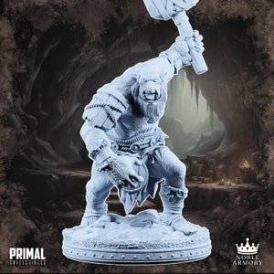 May include: A white painted miniature figurine of a large, hairy, ogre-like creature wielding a large club. The creature is standing on a round base with a textured surface. The figurine is set against a backdrop of a cave.