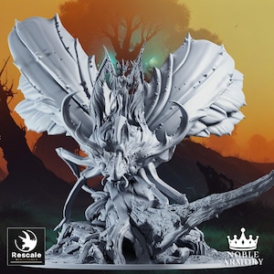 May include: A detailed, gray miniature of a fantasy creature with large, wing-like structures and intricate detailing. The creature is perched on a tree trunk base, with the "Rescale Miniatures" and "Noble Armory" logos visible.