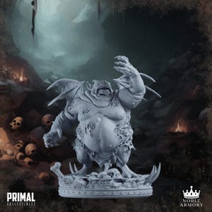 May include: A gray, detailed miniature of a grotesque, winged demon with a large belly and sharp claws. The demon is standing on a base of skulls and bones.