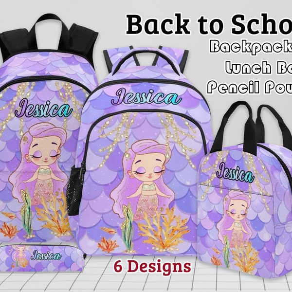 Personalized Mermaid Backpack,lunch bag,Pencil Pouch With Name, Best Back to School Gifts, Name on school bag, Custom School bag with text