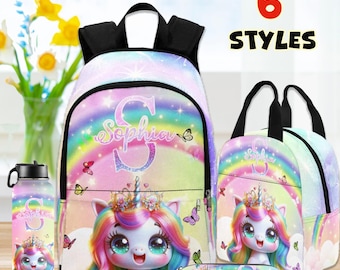 Personalized Unicorn Backpack Set: Custom Name School Bag, Lunchbox & Water Bottle