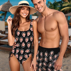 Custom Face Swimsuit and Shorts, Personalize Swim Trunks with Photo, Matching Swimsuit for Couples, Bachelor Party Bikini, Face Bathing Suit
