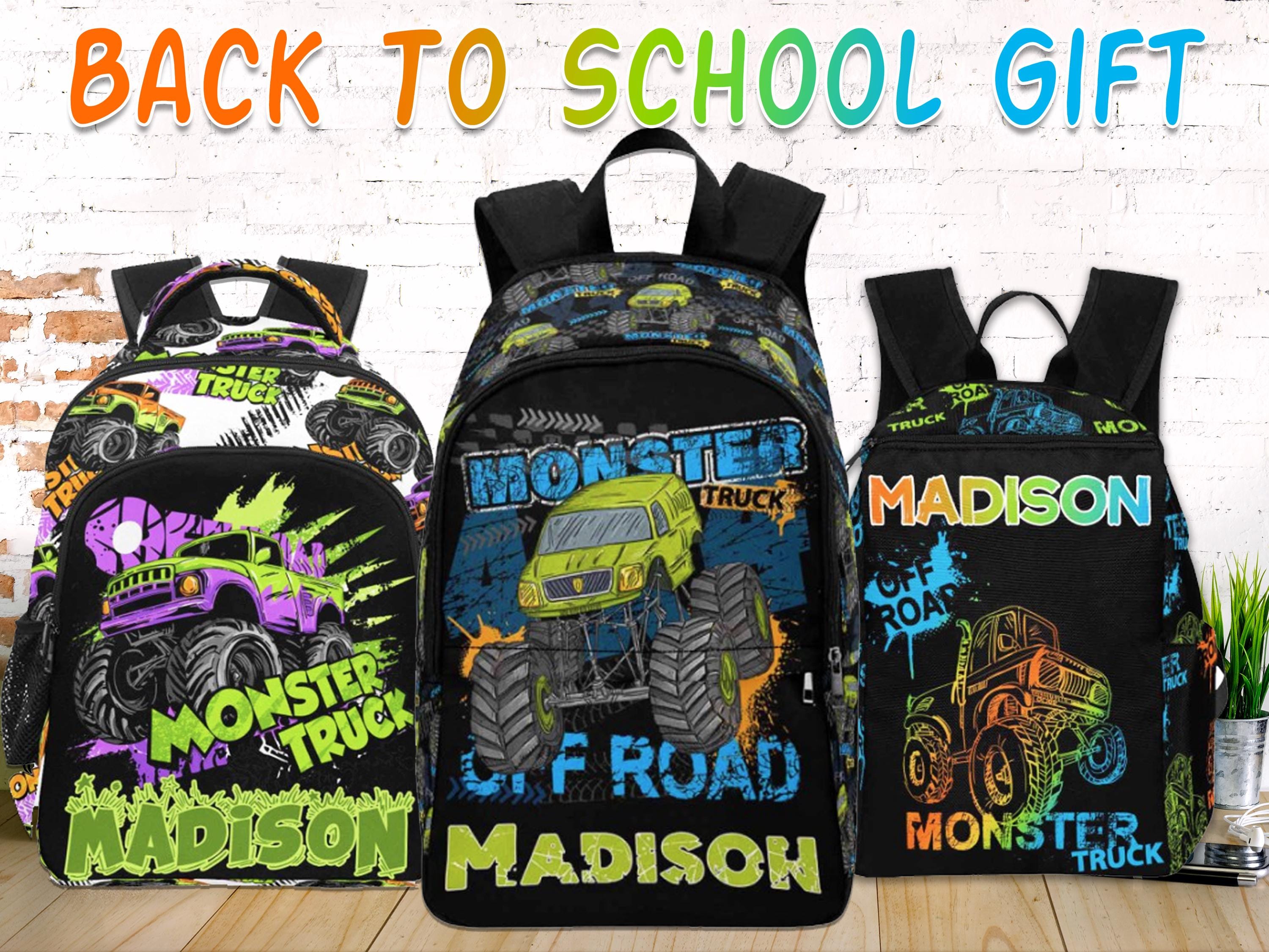 Personalized Monster Truck Backpack with Name, Personalized Name Backpack, Lunch Bag, Pencil Pouch, Boy Back to School, Back to School Gifts
