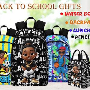 Personalized Black Boy Backpack, Lunch Bag, Water Bottle, Pencil Pouch, Personalized Name School Bag, Black Boy Bag, Back to School Gifts