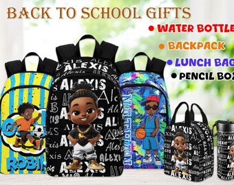 May include: Back to school gifts featuring backpacks, lunch bags, water bottles, and pencil boxes. The items are decorated with cartoon characters and the name "Alexis". The image includes the text "Back to School Gifts".