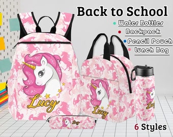 Personalized Unicorn Backpack Set: Custom Name School Bag, Lunch Bag & Pencil Pouch