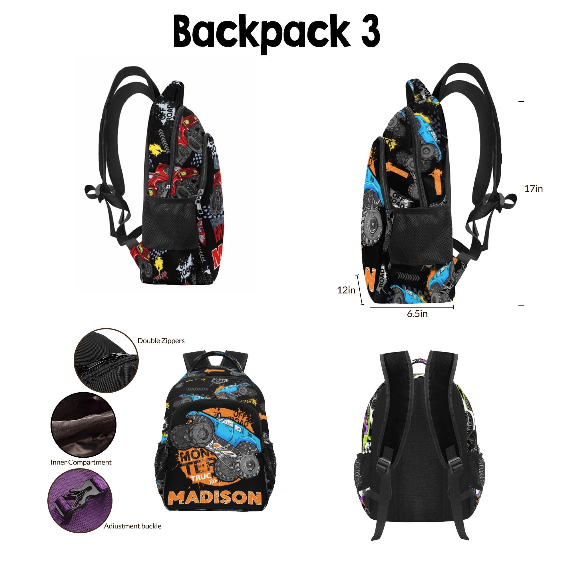 Personalized Monster Truck Backpack with Name, Personalized Name Backpack, Lunch Bag, Pencil Pouch, Boy Back to School, Back to School Gifts