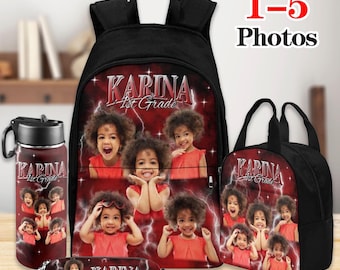 May include: A black backpack, lunch bag, pencil case, and water bottle set. Each item features a red background with a photo of a girl and the text "KARINA 1st Grade". The set is designed for school.