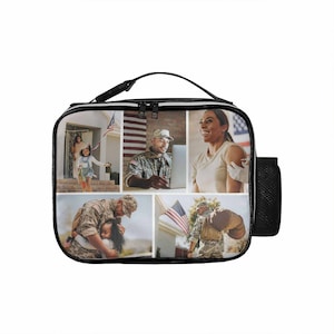 May include: Black lunch bag with a collage of photos printed on the front. The photos show a family, a soldier, and an American flag.