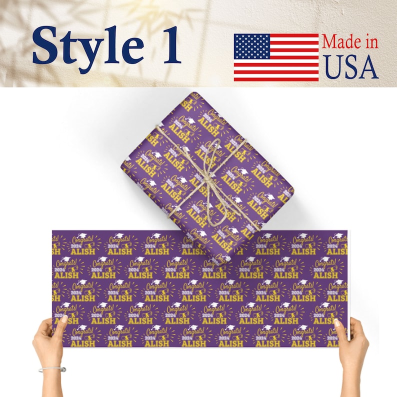 May include: Purple wrapping paper with a repeating pattern of gold text that says "Congrats! 2024 Alish" with a graduation cap icon. The text is on a purple background with a white starburst behind the text.