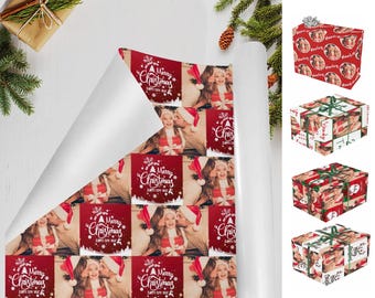 May include: Red and white Christmas wrapping paper with a repeating pattern of a Christmas tree, the words "Merry Christmas" and a photo of a family.